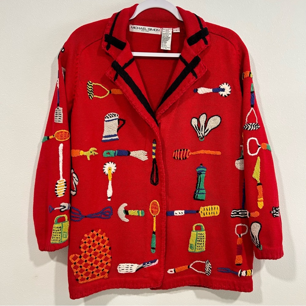 Michael Simon Cooking Chef Kitchen Red Knit 90s Button Sweater Cardigan Size 1